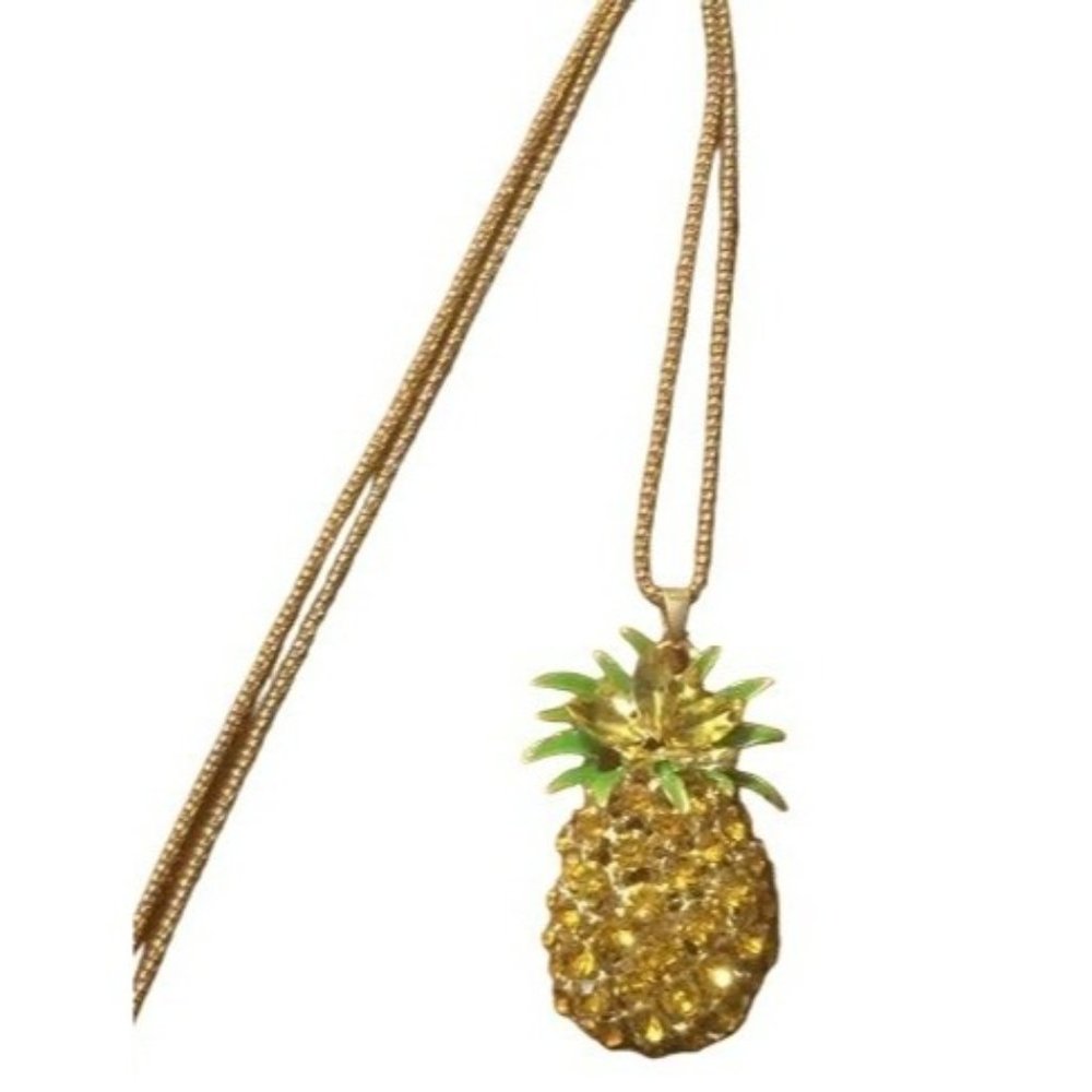 SOLD New Rhinestone Jeweled Pineapple Necklace Green Enamel - Picture 2 of 2